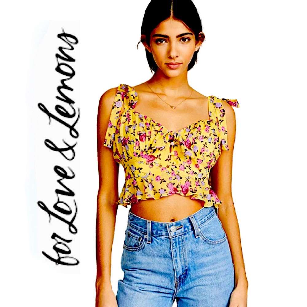 FOR LOVE & LEMONS. EUC. Gorgeous Silk Blend “Beaumont” Crop Top. Yellow&Floral.M